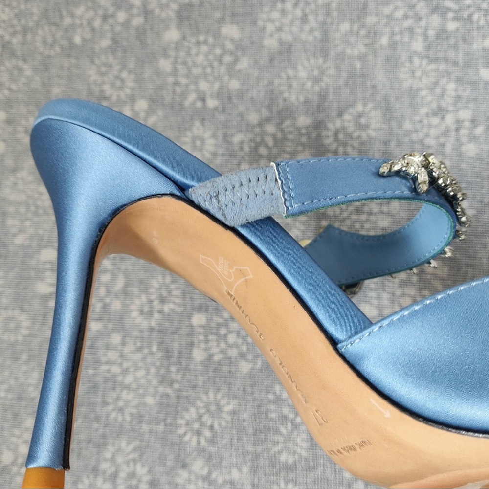 Manolo Blahnik Light Blue Satin Pointed-Toe Jeweled Mules - Picture 10 of 13